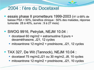 2004 : l’ère du Docetaxel <ul><li>essais phase II prometteurs 1999-2003 ( 41 à 68% de baisse PSA > 50%, bénéfice clinique ...