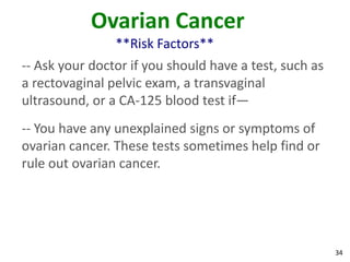 34
Ovarian Cancer
**Risk Factors**
-- Ask your doctor if you should have a test, such as
a rectovaginal pelvic exam, a transvaginal
ultrasound, or a CA-125 blood test if—
-- You have any unexplained signs or symptoms of
ovarian cancer. These tests sometimes help find or
rule out ovarian cancer.
 