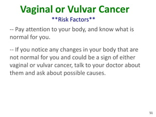 51
Vaginal or Vulvar Cancer
**Risk Factors**
-- Pay attention to your body, and know what is
normal for you.
-- If you notice any changes in your body that are
not normal for you and could be a sign of either
vaginal or vulvar cancer, talk to your doctor about
them and ask about possible causes.
 