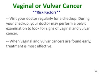 52
Vaginal or Vulvar Cancer
**Risk Factors**
-- Visit your doctor regularly for a checkup. During
your checkup, your doctor may perform a pelvic
examination to look for signs of vaginal and vulvar
cancer.
-- When vaginal and vulvar cancers are found early,
treatment is most effective.
 