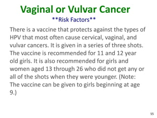 55
Vaginal or Vulvar Cancer
**Risk Factors**
There is a vaccine that protects against the types of
HPV that most often cause cervical, vaginal, and
vulvar cancers. It is given in a series of three shots.
The vaccine is recommended for 11 and 12 year
old girls. It is also recommended for girls and
women aged 13 through 26 who did not get any or
all of the shots when they were younger. (Note:
The vaccine can be given to girls beginning at age
9.)
 