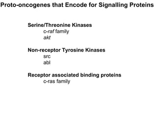 Proto-oncogenes that Encode for Signalling Proteins Serine/Threonine Kinases c- raf  family akt Non-receptor Tyrosine Kinases src abl Receptor associated binding proteins c-ras family 