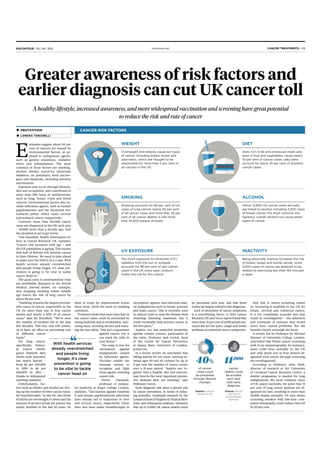 Greater awareness of risk factors and
earlier diagnosis can cut UK cancer toll
A healthy lifestyle, increased awareness, and more widespread vaccination and screening have great potential
to reduce the risk and rate of cancer
E
stimates suggest about 80 per
cent of cancers are caused by
environmental factors, as op-
posed to endogenous agents,
such as genetic mutations, oxidative
stress and inﬂammation. The most
common of these factors are smoking,
alcohol, obesity, inactivity, ultraviolet
radiation, air pollutants, food carcino-
gens and chemicals, including asbestos
and benzene.
Exposure may occur through lifestyle,
diet and occupation, and contributes to
more than 200 types of malignancies,
such as lung, breast, colon and blood
cancers. Environmental factors also in-
clude infectious agents, such as human
papillomavirus and the bacterium hel-
icobacter pylori, which cause cervical
and stomach cancer, respectively.
Currently more than 331,000 cancer
cases are diagnosed in the UK each year
– 50,000 more than a decade ago. And
the situation is set to get worse.
Tom Stansfeld, health information of-
ﬁcer at Cancer Research UK, explains:
“Cancer risk increases with age – and
the UK population is ageing. This means
that half of Britons will develop cancer
in their lifetime. We need to plan ahead
to make sure the NHS is ﬁt to cope. With
health services already overstretched
and people living longer, it’s clear pre-
vention is going to be vital to tackle
cancer head on.”
The good news is environmental risks
are modiﬁable. Research in the British
Medical Journal shows, for example,
that stopping smoking before middle
age lowers the risk of lung cancer by
about 90 per cent.
“Smoking remains the largest prevent-
able cause of cancer, responsible in the
UK for more than one in four cancer
deaths and nearly a ﬁfth of all cancer
cases,” says Mr Stansfeld. “We’ve seen
the number of smokers fall in the past
few decades. This has, and will contin-
ue to have, an eﬀect on preventing over
14 diﬀerent cancer
types.”
For lung cancer,
speciﬁcally, Nation-
al Cancer Intelli-
gence Network data
shows male mortality
has nearly halved –
from 85 per 100,000
in 1990 to 46 per
100,000 in 2011 –
thanks to widespread
smoking cessation.
Unfortunately, fac-
tors such as obesity and alcohol are driv-
ing up the number of other cancer types.
Mr Stansfeld adds: “In the UK, two thirds
of adults are overweight or obese and the
amount of alcohol drunk per person has
nearly doubled in the last 50 years. So
PREVENTION
LORENA TONARELLI
And that is where screening comes
in. Screening is available in the UK for
breast, cervical and colorectal cancer.
It is not completely accurate and may
result in overdiagnosis – the detection
and treatment of tumours that would
never have caused problems. But the
beneﬁts clearly outweigh the harm.
A review, led by Professor Sir Michael
Marmot of University College London,
concluded that breast cancer screening
with X-ray mammography, for instance,
saves 1,300 lives annually in the UK
and only about one in four women di-
agnosed with cancer through screening
are overdiagnosed.
According to Professor John Field,
director of research at the University
of Liverpool Cancer Research Centre, a
similar programme is needed for lung
malignancies, the most common cause
of UK cancer mortality. He notes that 75
per cent of lung cancer patients are di-
agnosed too late, resulting in more than
35,000 deaths annually. US data shows
screening smokers with low-dose com-
puted tomography could reduce this toll
by 20 per cent.
there is scope for improvement across
these areas, while the work on smoking
continues.
“Evidence shows that more than four in
ten cancer cases could be prevented by
eating healthily and in moderation, exer-
cising more, avoiding alcohol and enjoy-
ing the sun safely. This isn’t a guarantee
against cancer, but it
can stack the odds in
your favour.”
The same is true for
vaccination against
malignancies caused
by infectious agents.
Vaccines enable the
immune system to
recognise and ﬁght
these agents, lowering
cancer risk.
Farzin Farzaneh,
professor of molecu-
lar medicine at King’s College London,
explains: “Vaccination against hepatitis
B and human papillomavirus infections
have already led to reductions in liver
and cervical cancer, respectively. There
have also been major breakthroughs in
vaccination against non-infection-relat-
ed malignancies such as breast, prostate
and brain cancer. This is currently used
in clinical trials to stop the disease from
returning following treatment, but it
could eventually help prevent cancer in
the ﬁrst place.”
Aspirin, too, has protective properties
against certain cancers, particularly of
the colon, Professor Jack Cuzick, head
of the Centre for Cancer Prevention
at Queen Mary University of London,
points out.
In a recent review, he concluded that
taking aspirin for ten years, starting be-
tween ages 50 and 65, reduces by up to
9 per cent the number of cancer events
over a 15-year period. “Aspirin use, to-
gether with a healthy diet and exercise,
may thus be the most important preven-
tive measure after not smoking,” says
Professor Cuzick.
Early diagnosis also plays a pivotal role
in cancer prevention, in terms of reduc-
ing mortality. Landmark research by the
LondonSchoolofHygiene&TropicalMed-
icine, and subsequent analyses, estimates
that up to 11,000 UK cancer deaths could
CANCER RISK FACTORS
UV EXPOSURE
Too much exposure to ultraviolet (UV)
radiation from the sun or sunbeds
accounts for 86 per cent of skin cancer
cases in the UK every year; sunburn
triples the risk for this cancer.
DIET
Diets rich in fat and processed meat, and
poor in fruit and vegetables, cause nearly
10 per cent of cancer cases; salty diets
account for about 25 per cent of stomach
cancer cases.
ALCOHOL
About 12,800 UK cancer cases annually
are linked to alcohol, including 3,200 cases
of breast cancer, the most common ma-
lignancy; overall, alcohol can cause seven
types of cancer.
SMOKING
Smoking accounts for 80 per cent of UK
cases of lung cancer, nearly 20 per cent
of all cancer cases and more than 25 per
cent of all cancer deaths; it kills more
than 35,000 people annually.
With health services
already overstretched
and people living
longer, it’s clear
prevention is going
to be vital to tackle
cancer head on
cancer
deaths could
be avoided
each year
with early
diagnosis
11,000
Source: British
Journal of
Cancer/Abdel-
Rahman
of cancer
cases could
be prevented
through lifestyle
changes
40%
Source: Cancer
Research UK
be prevented each year, and that these
events are largely related to late diagnosis.
Lack of awareness of cancer symptoms
is a contributing factor. A 2012 Cancer
Research UK and Tesco report found that
more than 75 per cent of 2,090 people sur-
veyed did not list pain, cough and bowel
problems as potential cancer symptoms.
INACTIVITY
Being physically inactive increases the risk
of breast, bowel and womb cancer; some
3,400 cases of cancer are believed to be
related to exercising less than 150 minutes
a week.
WEIGHT
Overweight and obesity cause ten types
of cancer, including breast, bowel and
pancreatic, which are thought to be
responsible for more than 5 per cent of
all cancers in the UK.
CANCER TREATMENTS | 09RACONTEUR | 04 / 06 / 2015 raconteur.net
 