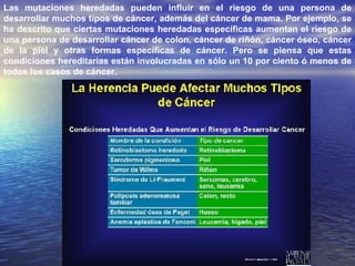 Las mutaciones heredadas pueden influir en el riesgo de una persona de desarrollar muchos tipos de cáncer, además del cáncer de mama. Por ejemplo, se ha descrito que ciertas mutaciones heredadas específicas aumentan el riesgo de una persona de desarrollar cáncer de colon, cáncer de riñón, cáncer óseo, cáncer de la piel y otras formas específicas de cáncer. Pero se piensa que estas condiciones hereditarias están involucradas en sólo un 10 por ciento ó menos de todos los casos de cáncer.  