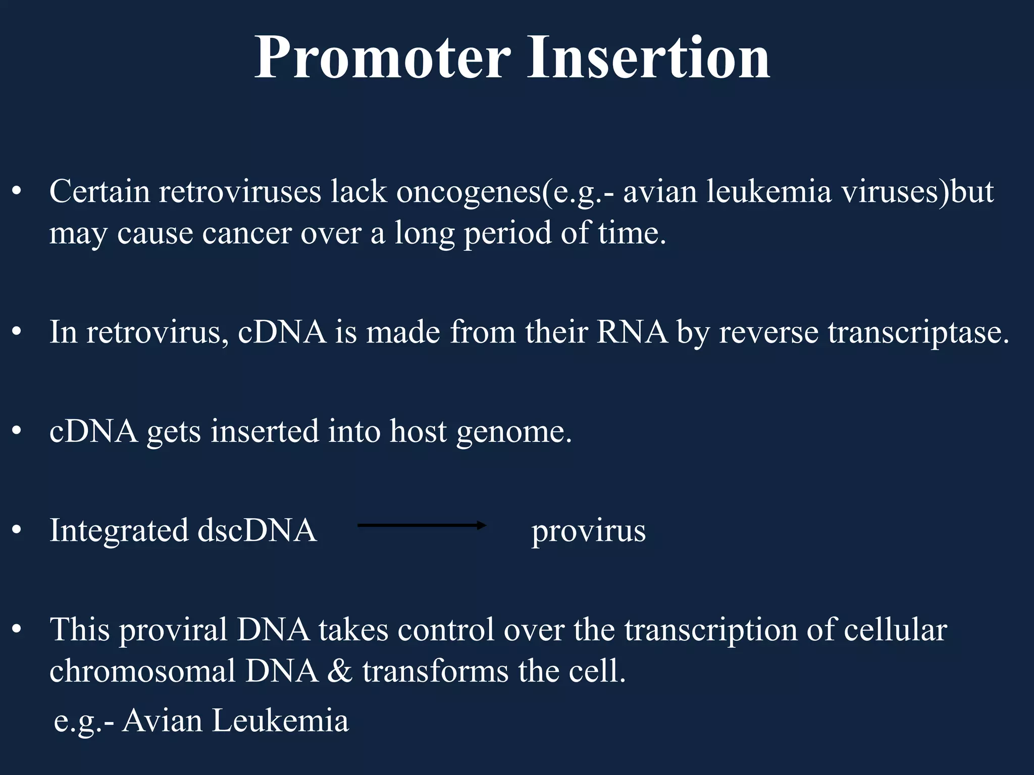 Promoter Insertion
• Certain retroviruses lack oncogenes(e.g.- avian leukemia viruses)but
may cause cancer over a long period of time.
• In retrovirus, cDNA is made from their RNA by reverse transcriptase.
• cDNA gets inserted into host genome.
• Integrated dscDNA provirus
• This proviral DNA takes control over the transcription of cellular
chromosomal DNA & transforms the cell.
e.g.- Avian Leukemia
 