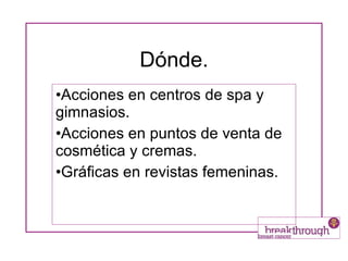 Dónde. Acciones en centros de spa y gimnasios. Acciones en puntos de venta de cosmética y cremas. Gráficas en revistas femeninas. 