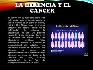 LA HERENCIA Y EL 
CÁNCER 
• El cáncer no se considera como una 
enfermedad que se hereda debido a 
que la mayoría de los casos de cáncer, 
quizá el 80 a 90 por ciento, ocurren en 
personas sin historia familiar de la 
enfermedad. Sin embargo, la 
probabilidad de que una persona 
desarrolle cáncer puede ser influida por 
la herencia de ciertos tipos de 
alteraciones genéticas. Estas 
alteraciones tienden a aumentar la 
susceptibilidad del individuo para 
desarrollar cáncer en el futuro. Por 
ejemplo, se piensa que 
aproximadamente un 5 por ciento de los 
cánceres de seno se deben a la 
herencia de una(s) forma(s) 
particular(es) de un "gen de 
susceptibilidad al cáncer de seno". 
 