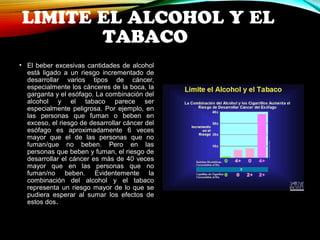 LIMITE EL ALCOHOL Y EL 
TABACO 
• El beber excesivas cantidades de alcohol 
está ligado a un riesgo incrementado de 
desarrollar varios tipos de cáncer, 
especialmente los cánceres de la boca, la 
garganta y el esófago. La combinación del 
alcohol y el tabaco parece ser 
especialmente peligrosa. Por ejemplo, en 
las personas que fuman o beben en 
exceso, el riesgo de desarrollar cáncer del 
esófago es aproximadamente 6 veces 
mayor que el de las personas que no 
fuman/que no beben. Pero en las 
personas que beben y fuman, el riesgo de 
desarrollar el cáncer es más de 40 veces 
mayor que en las personas que no 
fuman/no beben. Evidentemente la 
combinación del alcohol y el tabaco 
representa un riesgo mayor de lo que se 
pudiera esperar al sumar los efectos de 
estos dos. 
 