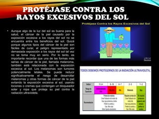PROTÉJASE CONTRA LOS 
RAYOS EXCESIVOS DEL SOL 
• Aunque algo de la luz del sol es buena para la 
salud, el cáncer de la piel causado por la 
exposición excesiva a los rayos del sol no se 
encuentra entre los beneficios del sol. Quizá 
porque algunos tipos del cáncer de la piel son 
fáciles de curar, el peligro representado por 
demasiada exposición a los rayos del sol tal vez 
no se toma muy en serio. Por lo tanto, es 
importante recordar que una de las formas más 
serias de cáncer de la piel, llamada melanoma, 
también está relacionada con la exposición 
excesiva al sol. Los melanomas son tumores 
potencialmente letales. Se puede reducir 
significativamente el riesgo de desarrollar 
melanomas y otras formas de cáncer de la piel 
evitando la exposición excesiva al sol, usando 
lociones o cremas que contengan un bloqueador 
solar y ropa que proteja su piel contra la 
radiación ultravioleta. 
 