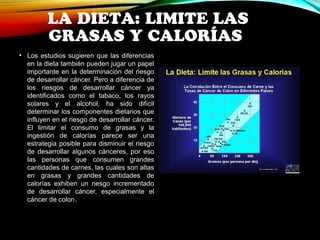 LA DIETA: LIMITE LAS 
GRASAS Y CALORÍAS 
• Los estudios sugieren que las diferencias 
en la dieta también pueden jugar un papel 
importante en la determinación del riesgo 
de desarrollar cáncer. Pero a diferencia de 
los riesgos de desarrollar cáncer ya 
identificados como el tabaco, los rayos 
solares y el alcohol, ha sido difícil 
determinar los componentes dietarios que 
influyen en el riesgo de desarrollar cáncer. 
El limitar el consumo de grasas y la 
ingestión de calorías parece ser una 
estrategia posible para disminuir el riesgo 
de desarrollar algunos cánceres, por eso 
las personas que consumen grandes 
cantidades de carnes, las cuales son altas 
en grasas y grandes cantidades de 
calorías exhiben un riesgo incrementado 
de desarrollar cáncer, especialmente el 
cáncer de colon. 
 