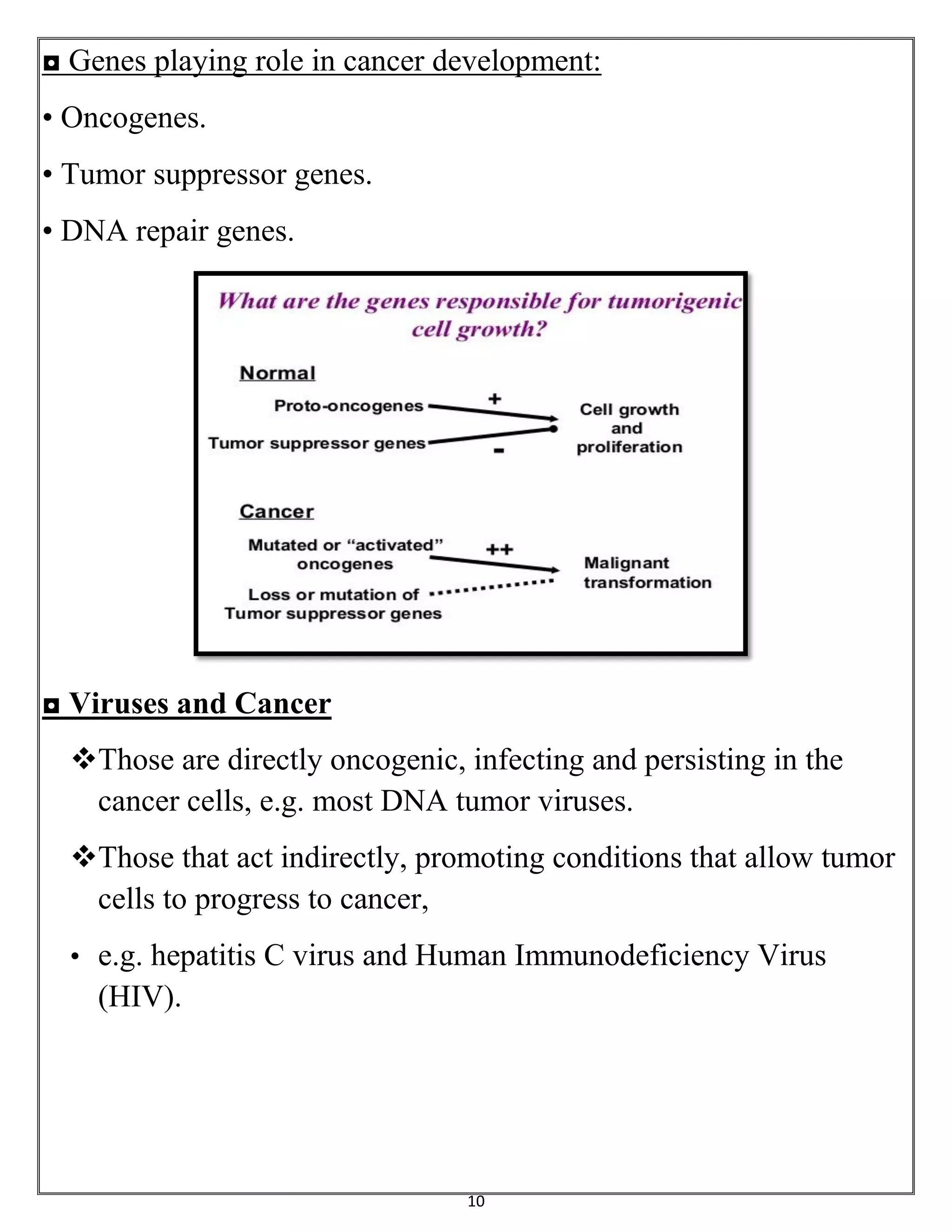 10
◘ Genes playing role in cancer development:
• Oncogenes.
• Tumor suppressor genes.
• DNA repair genes.
◘ Viruses and Cancer
Those are directly oncogenic, infecting and persisting in the
cancer cells, e.g. most DNA tumor viruses.
Those that act indirectly, promoting conditions that allow tumor
cells to progress to cancer,
• e.g. hepatitis C virus and Human Immunodeficiency Virus
(HIV).
 