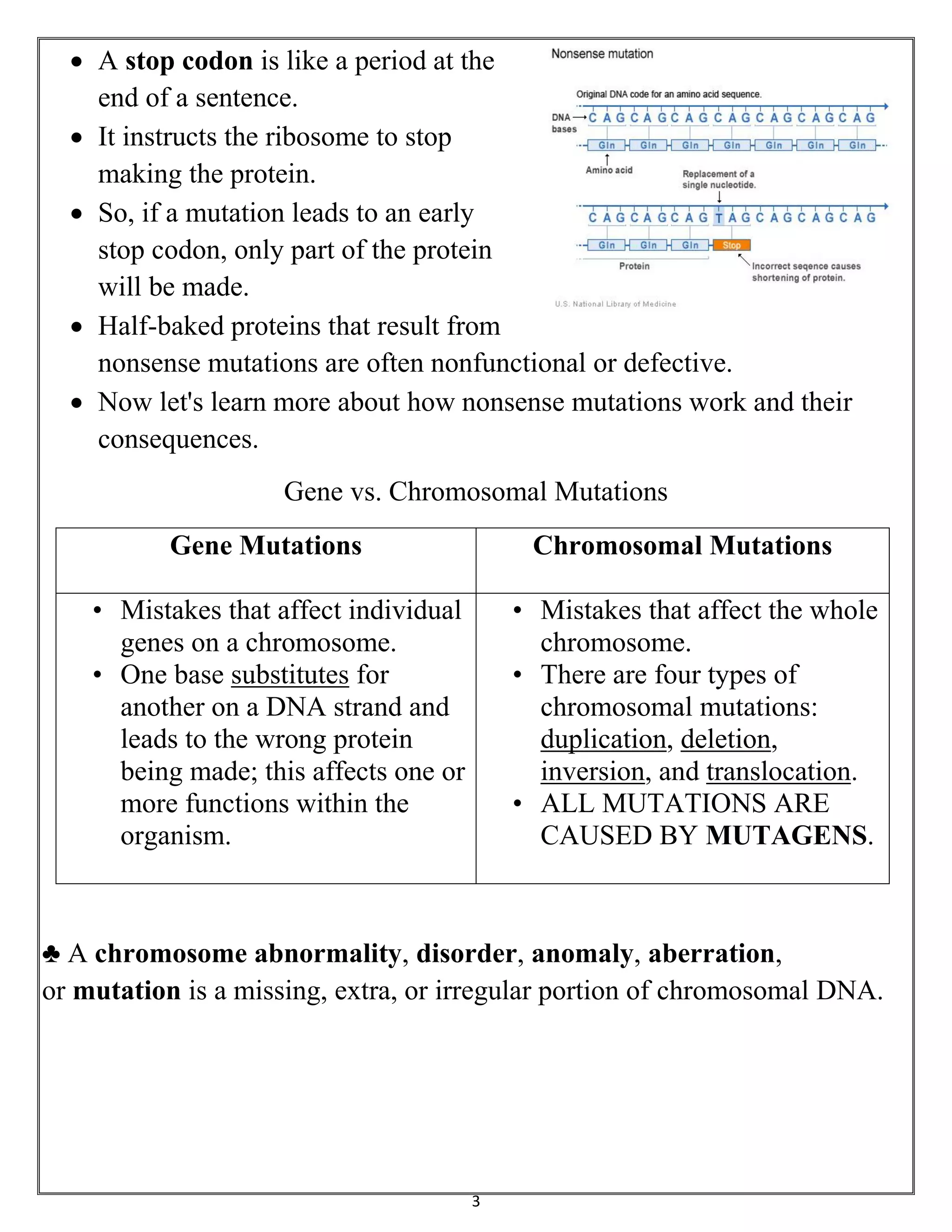 3
 A stop codon is like a period at the
end of a sentence.
 It instructs the ribosome to stop
making the protein.
 So, if a mutation leads to an early
stop codon, only part of the protein
will be made.
 Half-baked proteins that result from
nonsense mutations are often nonfunctional or defective.
 Now let's learn more about how nonsense mutations work and their
consequences.
Gene vs. Chromosomal Mutations
Gene Mutations Chromosomal Mutations
• Mistakes that affect individual
genes on a chromosome.
• One base substitutes for
another on a DNA strand and
leads to the wrong protein
being made; this affects one or
more functions within the
organism.
• Mistakes that affect the whole
chromosome.
• There are four types of
chromosomal mutations:
duplication, deletion,
inversion, and translocation.
• ALL MUTATIONS ARE
CAUSED BY MUTAGENS.
♣ A chromosome abnormality, disorder, anomaly, aberration,
or mutation is a missing, extra, or irregular portion of chromosomal DNA.
 