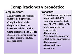 Complicaciones y pronóstico
Complicaciones:
• 10% presentan metástasis
durante el diagnóstico.
• Complicaciones de la
cirugía: altas tasas de
infección, calidad de vida.
• Complicaciones de la QT/RT:
diarrea, mucositis, eritema,
mielosupresión, fistulas,
úlceras anales.
Pronóstico:
• El tamaño es el factor más
importante. 80-90%
supervivencia a los 5 años
para T1 y T2. <50% en T4.
• Mejor pronóstico en
tumores bien
diferenciados.
• Peor pronóstico a mayor
edad, tumor pobremente
diferenciado,
adenocarcinoma,
melanoma.
 
