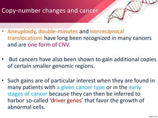 • Aneuploidy, double-minutes and nonreciprocal
translocations have long been recognized in many cancers
and are one form of CNV.
• But cancers have also been shown to gain additional copies
of certain smaller genomic regions.
• Such gains are of particular interest when they are found in
many patients with a given cancer type or in the early
stages of cancer because they can then be inferred to
harbor so-called ‘driver genes’ that favor the growth of
abnormal cells.
Copy-number changes and cancer
 
