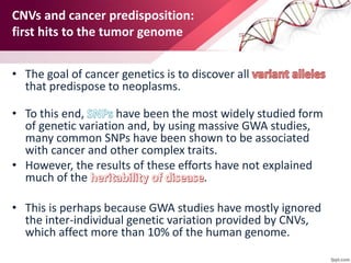 CNVs and cancer predisposition:
first hits to the tumor genome
• The goal of cancer genetics is to discover all
that predispose to neoplasms.
• To this end, have been the most widely studied form
of genetic variation and, by using massive GWA studies,
many common SNPs have been shown to be associated
with cancer and other complex traits.
• However, the results of these efforts have not explained
much of the .
• This is perhaps because GWA studies have mostly ignored
the inter-individual genetic variation provided by CNVs,
which affect more than 10% of the human genome.
 