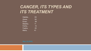 CANCER, ITS TYPES AND
ITS TREATMENT
Habiba , 03
Zarwa , 04
Eman, 06
Malaika, 11
Fariha , 15
Faqiha, 25
Maira, 41
May 22,2016
 
