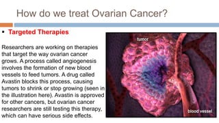 How do we treat Ovarian Cancer?
 Targeted Therapies
Researchers are working on therapies
that target the way ovarian cancer
grows. A process called angiogenesis
involves the formation of new blood
vessels to feed tumors. A drug called
Avastin blocks this process, causing
tumors to shrink or stop growing (seen in
the illustration here). Avastin is approved
for other cancers, but ovarian cancer
researchers are still testing this therapy,
which can have serious side effects.
 