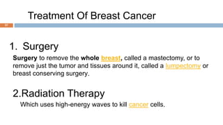 57
Treatment Of Breast Cancer
1. Surgery
Surgery to remove the whole breast, called a mastectomy, or to
remove just the tumor and tissues around it, called a lumpectomy or
breast conserving surgery.
2.Radiation Therapy
Which uses high-energy waves to kill cancer cells.
 