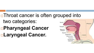 Throat cancer is often grouped into
two categories:
Pharyngeal Cancer
Laryngeal Cancer.
 