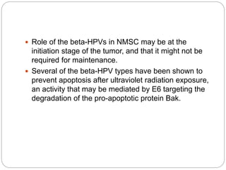  Role of the beta-HPVs in NMSC may be at the
initiation stage of the tumor, and that it might not be
required for maintenance.
 Several of the beta-HPV types have been shown to
prevent apoptosis after ultraviolet radiation exposure,
an activity that may be mediated by E6 targeting the
degradation of the pro-apoptotic protein Bak.
 