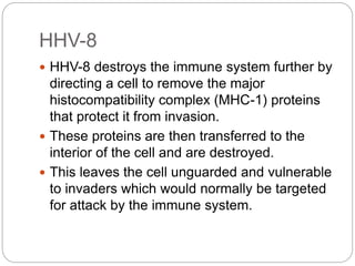 HHV-8
 HHV-8 destroys the immune system further by
directing a cell to remove the major
histocompatibility complex (MHC-1) proteins
that protect it from invasion.
 These proteins are then transferred to the
interior of the cell and are destroyed.
 This leaves the cell unguarded and vulnerable
to invaders which would normally be targeted
for attack by the immune system.
 