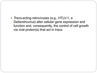  Trans-acting retroviruses (e.g., HTLV-1, a
Deltaretrovirus) alter cellular gene expression and
function and, consequently, the control of cell growth
via viral protein(s) that act in trans.
 