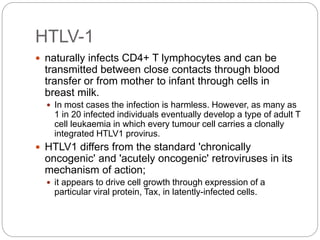 HTLV-1
 naturally infects CD4+ T lymphocytes and can be
transmitted between close contacts through blood
transfer or from mother to infant through cells in
breast milk.
 In most cases the infection is harmless. However, as many as
1 in 20 infected individuals eventually develop a type of adult T
cell leukaemia in which every tumour cell carries a clonally
integrated HTLV1 provirus.
 HTLV1 differs from the standard 'chronically
oncogenic' and 'acutely oncogenic' retroviruses in its
mechanism of action;
 it appears to drive cell growth through expression of a
particular viral protein, Tax, in latently-infected cells.
 