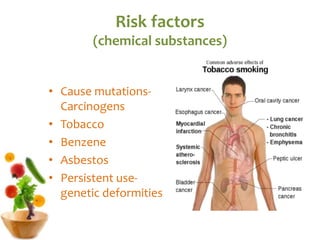 Risk factors
(chemical substances)
• Cause mutations-
Carcinogens
• Tobacco
• Benzene
• Asbestos
• Persistent use-
genetic deformities
 