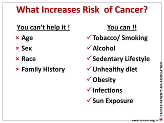 What Increases Risk of Cancer?
You can’t help it !
 Age
 Sex
 Race
 Family History
You can !!
Tobacco/ Smoking
Alcohol
Sedentary Lifestyle
Unhealthy diet
Obesity
Infections
Sun Exposure
 