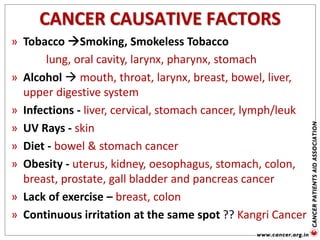 CANCER CAUSATIVE FACTORS
» Tobacco Smoking, Smokeless Tobacco
lung, oral cavity, larynx, pharynx, stomach
» Alcohol  mouth, throat, larynx, breast, bowel, liver,
upper digestive system
» Infections - liver, cervical, stomach cancer, lymph/leuk
» UV Rays - skin
» Diet - bowel & stomach cancer
» Obesity - uterus, kidney, oesophagus, stomach, colon,
breast, prostate, gall bladder and pancreas cancer
» Lack of exercise – breast, colon
» Continuous irritation at the same spot ?? Kangri Cancer
 