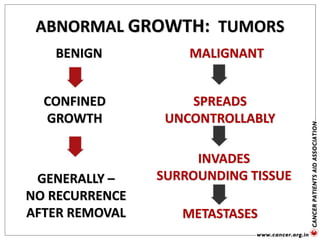 ABNORMAL GROWTH: TUMORS
CONFINED
GROWTH
BENIGN MALIGNANT
SPREADS
UNCONTROLLABLY
INVADES
SURROUNDING TISSUE
METASTASES
GENERALLY –
NO RECURRENCE
AFTER REMOVAL
 