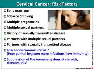Cervical Cancer: Risk Factors
Early marriage
Tobacco Smoking
Multiple pregnancies
Multiple sexual partners
History of sexually transmitted disease
Partners with multiple sexual partners
Partners with sexually transmitted disease
Low socioeconomic status ?
(Poor genital hygiene; more infections; low immunity)
Suppression of the immune system  steroids,
diseases, HIV
 