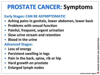 PROSTATE CANCER: Symptoms
Early Stages: CAN BE ASYMPTOMATIC
• Aching pains in genitals, lower abdomen, lower back
• Problems with sexual function
• Painful, frequent, urgent urination
• Slow urine stream and retention
• Blood in the urine
Advanced Stages:
• Loss of energy
• Persistent swelling in legs
• Pain in the back, spine, rib or hip
• Hard growth on prostate
• Enlarged lymph nodes
 