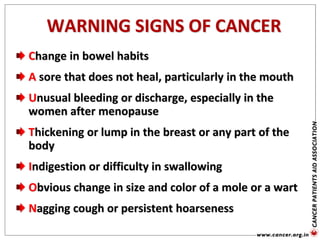 WARNING SIGNS OF CANCER
Change in bowel habits
A sore that does not heal, particularly in the mouth
Unusual bleeding or discharge, especially in the
women after menopause
Thickening or lump in the breast or any part of the
body
Indigestion or difficulty in swallowing
Obvious change in size and color of a mole or a wart
Nagging cough or persistent hoarseness
 