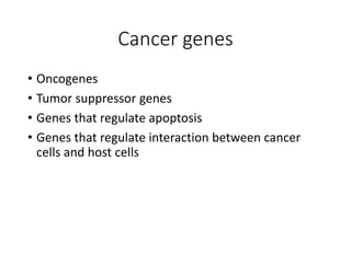Cancer genes
• Oncogenes
• Tumor suppressor genes
• Genes that regulate apoptosis
• Genes that regulate interaction between cancer
cells and host cells
 