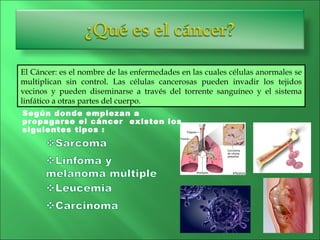 <ul><li>Según donde empiezan a propagarse el cáncer  existen los siguientes tipos : </li></ul>El Cáncer: es el nombre de l...