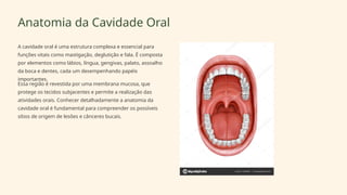 Anatomia da Cavidade Oral
A cavidade oral é uma estrutura complexa e essencial para
funções vitais como mastigação, deglutição e fala. É composta
por elementos como lábios, língua, gengivas, palato, assoalho
da boca e dentes, cada um desempenhando papéis
importantes.
Essa região é revestida por uma membrana mucosa, que
protege os tecidos subjacentes e permite a realização das
atividades orais. Conhecer detalhadamente a anatomia da
cavidade oral é fundamental para compreender os possíveis
sítios de origem de lesões e cânceres bucais.
 