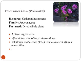 Vinca rosea Linn. (Periwinkle)
11
B. source: Catharanthus roseus
Family: Apocynaceae
Part used: Dried whole plant
 Active ingredients
 Ajmalicine, vindoline, catharanthine.
 alkaloids: vinblastine (VBL), vincristine (VCR) and
leurosidine
 .
 