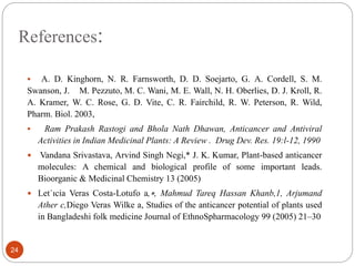 References:
24
 A. D. Kinghorn, N. R. Farnsworth, D. D. Soejarto, G. A. Cordell, S. M.
Swanson, J. M. Pezzuto, M. C. Wani, M. E. Wall, N. H. Oberlies, D. J. Kroll, R.
A. Kramer, W. C. Rose, G. D. Vite, C. R. Fairchild, R. W. Peterson, R. Wild,
Pharm. Biol. 2003,
 Ram Prakash Rastogi and Bhola Nath Dhawan, Anticancer and Antiviral
Activities in Indian Medicinal Plants: A Review . Drug Dev. Res. 19:l-12, 1990
 Vandana Srivastava, Arvind Singh Negi,* J. K. Kumar, Plant-based anticancer
molecules: A chemical and biological profile of some important leads.
Bioorganic & Medicinal Chemistry 13 (2005)
 Let´ıcia Veras Costa-Lotufo a,∗, Mahmud Tareq Hassan Khanb,1, Arjumand
Ather c,Diego Veras Wilke a, Studies of the anticancer potential of plants used
in Bangladeshi folk medicine Journal of EthnoSpharmacology 99 (2005) 21–30
 