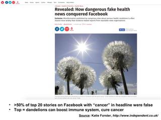 Source: Katie Forster, http://www.independent.co.uk/
• >50% of top 20 stories on Facebook with “cancer” in headline were f...