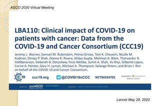 LBA110: Clinical impact of COVID-19 on patients with cancer: Data from the COVID-19 and Cancer Consortium (CCC19)
Lancet May 28, 2020
ASCO 2020 Virtual Meeting
 