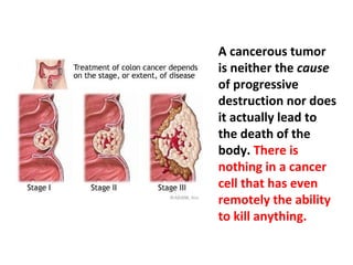 People from all backgrounds and occupations can have
cancer. However, if you dare look behind the mask of
its physical symptoms, such as the type, appearance
and behavior of cancer cells, you will find that cancer is
not as coincidental or unpredictable as it seems to be.
 