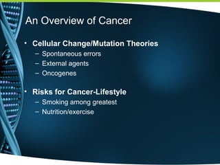 An Overview of Cancer
• Cellular Change/Mutation Theories
– Spontaneous errors
– External agents
– Oncogenes
• Risks for Cancer-Lifestyle
– Smoking among greatest
– Nutrition/exercise
 