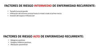 FACTORES DE RIESGO INTERMEDIO DE ENFERMEDAD RECURRENTE:
• Tamaño tumoral grande
• Infiltración del estroma cervical hasta la mitad o todo el primer tercio
• Invasión del espacio linfovascular
FACTORES DE RIESGO ALTO DE ENFERMEDAD RECURRENTE:
• Márgenes positivos
• Ganglios linfáticos positivos
• Afectación parametrial
 