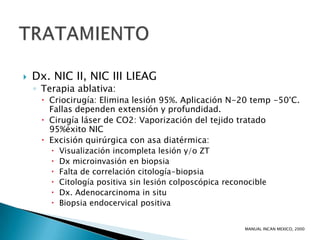    Dx. NIC II, NIC III LIEAG
    ◦ Terapia ablativa:
      Criocirugía: Elimina lesión 95%. Aplicación N-20 temp -50°C.
       Fallas dependen extensión y profundidad.
      Cirugía láser de CO2: Vaporización del tejido tratado
       95%éxito NIC
      Excisión quirúrgica con asa diatérmica:
           Visualización incompleta lesión y/o ZT
           Dx microinvasión en biopsia
           Falta de correlación citología-biopsia
           Citología positiva sin lesión colposcópica reconocible
           Dx. Adenocarcinoma in situ
           Biopsia endocervical positiva


                                                            MANUAL INCAN MEXICO, 2000
 