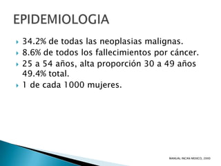    34.2% de todas las neoplasias malignas.
   8.6% de todos los fallecimientos por cáncer.
   25 a 54 años, alta proporción 30 a 49 años
    49.4% total.
   1 de cada 1000 mujeres.




                                        MANUAL INCAN MEXICO, 2000
 