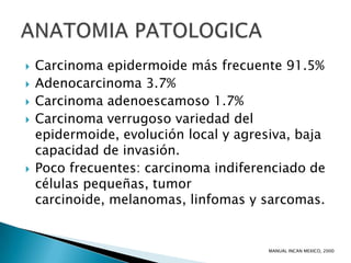    Carcinoma epidermoide más frecuente 91.5%
   Adenocarcinoma 3.7%
   Carcinoma adenoescamoso 1.7%
   Carcinoma verrugoso variedad del
    epidermoide, evolución local y agresiva, baja
    capacidad de invasión.
   Poco frecuentes: carcinoma indiferenciado de
    células pequeñas, tumor
    carcinoide, melanomas, linfomas y sarcomas.


                                        MANUAL INCAN MEXICO, 2000
 