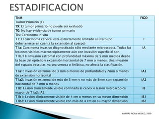 TNM                                                                                 FIGO
Tumor Primario (T)
TX: El tumor primario no puede ser evaluado
T0: No hay evidencia de tumor primario
Tis: Carcinoma in situ
T1: El carcinoma cervical está estrictamente limitado al útero (no                     I
debe tenerse en cuenta la extensión al cuerpo)
T1a: Carcinoma invasivo diagnosticado sólo mediante microscopia. Todas las            IA
lesiones visibles macroscópicamente aún con invasión superficial son
T1b/1B. Invasión estromal con profundidad máxima de 5 mm medida desde
la base del epitelio y expansión horizontal de 7 mm o menos. Una invasión
del espacio vascular, ya sea venosa o linfática, no afecta la clasificación.

T1a1: Invasión estromal de 3 mm o menos de profundidad y 7mm o menos                 IA1
de extensión horizontal
T1a2: Invasión estromal de más de 3 mm y no más de 5mm con expansión                 IA2
horizontal de 7 mm o menos
T1b: Lesión clínicamente visible confinada al cervix o lesión microscópica            IB
mayor de T1a2/IA2
T1b1: Lesión clínicamente visible de 4 cm o menos en su mayor dimensión              IB1
T1b2: Lesión clínicamente visible con más de 4 cm en su mayor dimensión              IB2


                                                                     MANUAL INCAN MEXICO, 2000
 