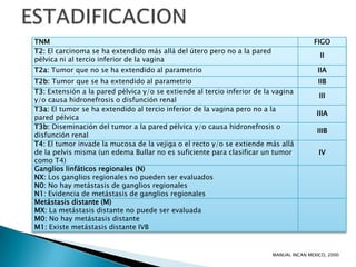 TNM                                                                                     FIGO
T2: El carcinoma se ha extendido más allá del útero pero no a la pared
                                                                                          II
pélvica ni al tercio inferior de la vagina
T2a: Tumor que no se ha extendido al parametrio                                           IIA
T2b: Tumor que se ha extendido al parametrio                                              IIB
T3: Extensión a la pared pélvica y/o se extiende al tercio inferior de la vagina
                                                                                          III
y/o causa hidronefrosis o disfunción renal
T3a: El tumor se ha extendido al tercio inferior de la vagina pero no a la
                                                                                         IIIA
pared pélvica
T3b: Diseminación del tumor a la pared pélvica y/o causa hidronefrosis o
                                                                                         IIIB
disfunción renal
T4: El tumor invade la mucosa de la vejiga o el recto y/o se extiende más allá
de la pelvis misma (un edema Bullar no es suficiente para clasificar un tumor             IV
como T4)
Ganglios linfáticos regionales (N)
NX: Los ganglios regionales no pueden ser evaluados
N0: No hay metástasis de ganglios regionales
N1: Evidencia de metástasis de ganglios regionales
Metástasis distante (M)
MX: La metástasis distante no puede ser evaluada
M0: No hay metástasis distante
M1: Existe metástasis distante IVB


                                                                         MANUAL INCAN MEXICO, 2000
 