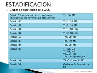    Grupos de clasificación de la AJCC

    Estadio 0 (carcinoma in situ , carcinoma       Tis, N0, M0
    intraepitelial. No hay invasión del estroma)
    Estadio IA1                                    T1a1, N0, M0
    Estadio IA2                                    T1a2, N0, M0
    Estadio IB1                                    T1b1, N0, M0
    Estadio IB2                                    T1b2, N0, M0
    Estadio IIA                                    T2a, N0, M0
    Estadio IIB                                    T2b, N0, M0
    Estadio IIIA                                   T3a, N0, M0
    Estadio IIIB                                   T1, N1, M0
                                                   T2, N1, M0
                                                   T3a, N1, M0
                                                   T3b, Cualquier N, M0
    Estadio IVA                                    T4, Cualquier N, M0
    Estadio IVB                                    Cualquier T, Cualquier N,
                                                   M1
                                                             MANUAL INCAN MEXICO, 2000
 